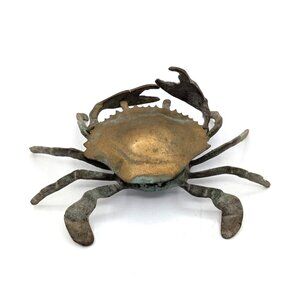Vintage Solid Brass Crab Ashtray Hinged Lid Removable Insert Trinket Box 7"